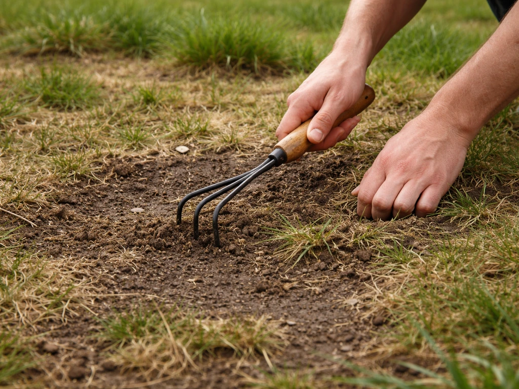 Main avec une griffe de jardin grattant une pelouse abîmée, avant ressemis, vue au sol en lumière naturelle.