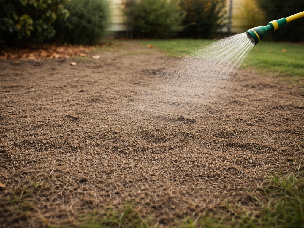 Semis de gazon à l’automne : sol encore chaud, surface finement semée et arrosage léger qui démarre.