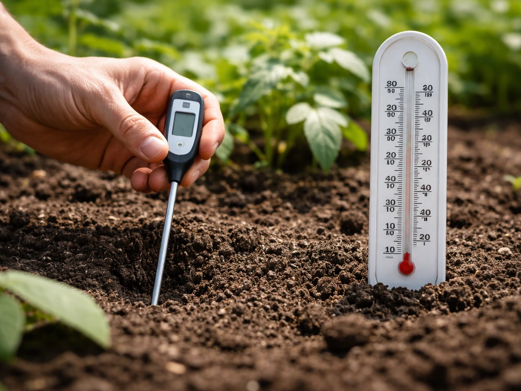 Jardinier mesure la température du sol à 5 cm avec une sonde longue, à côté d’un thermomètre extérieur.