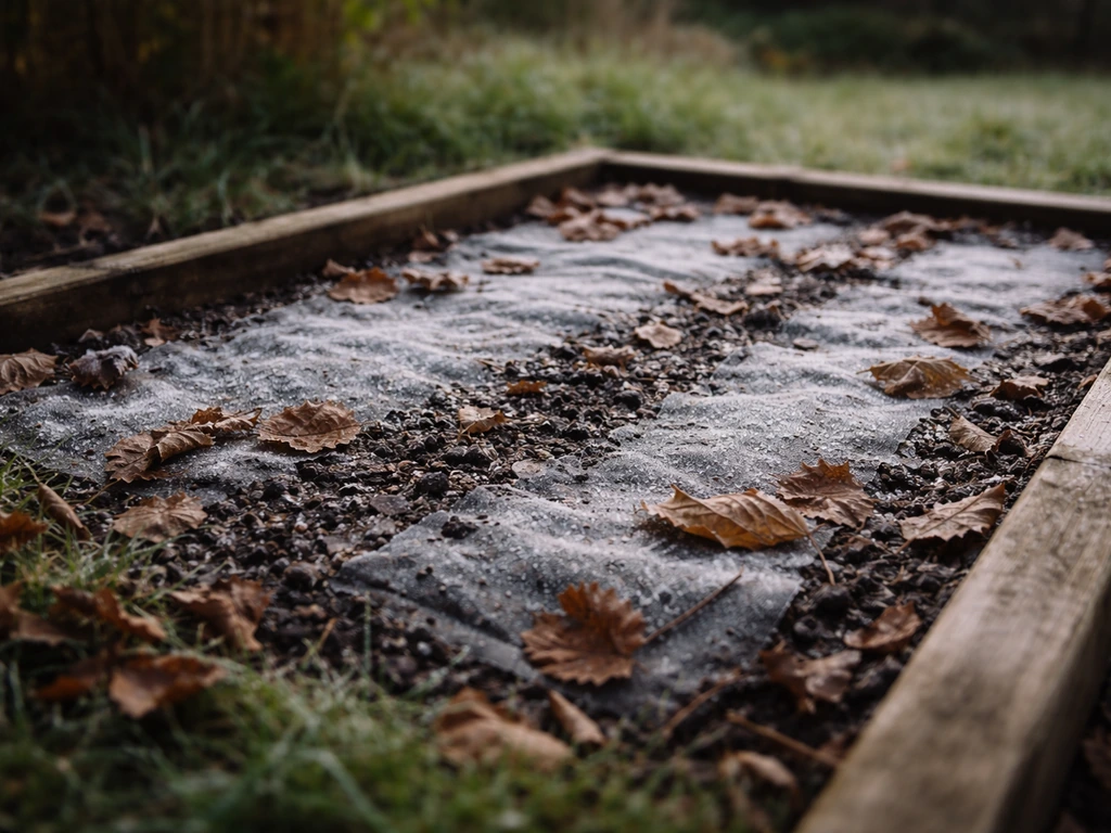 Carré de potager couvert d’un voile, sol avec givre et feuilles d’automne après un gel léger.