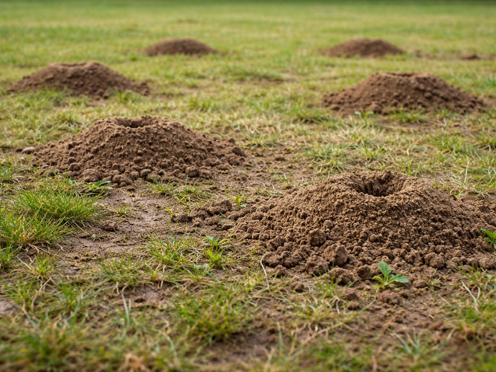 Pelouse avec plusieurs monticules de fourmis et mottes de terre, vue à hauteur de sol pour préparation du désherbage.