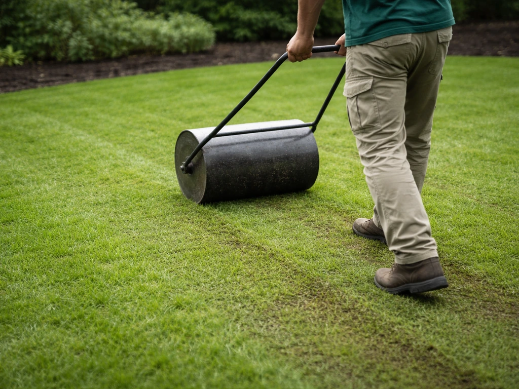 Jardinier anonyme qui roule un tapis de gazon fraîchement levé, terrain vert dense et arrosé