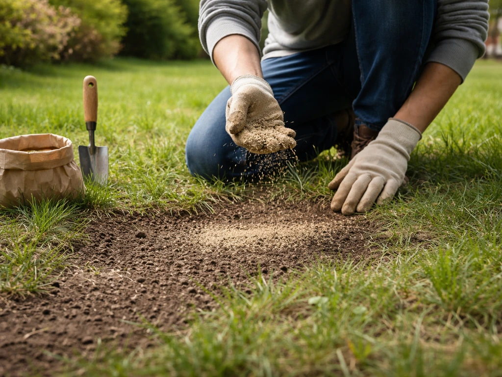 Pelouse clairsemée en jardin, personne accroupie qui répand des graines pour réensemencer une zone où des fourmis persis