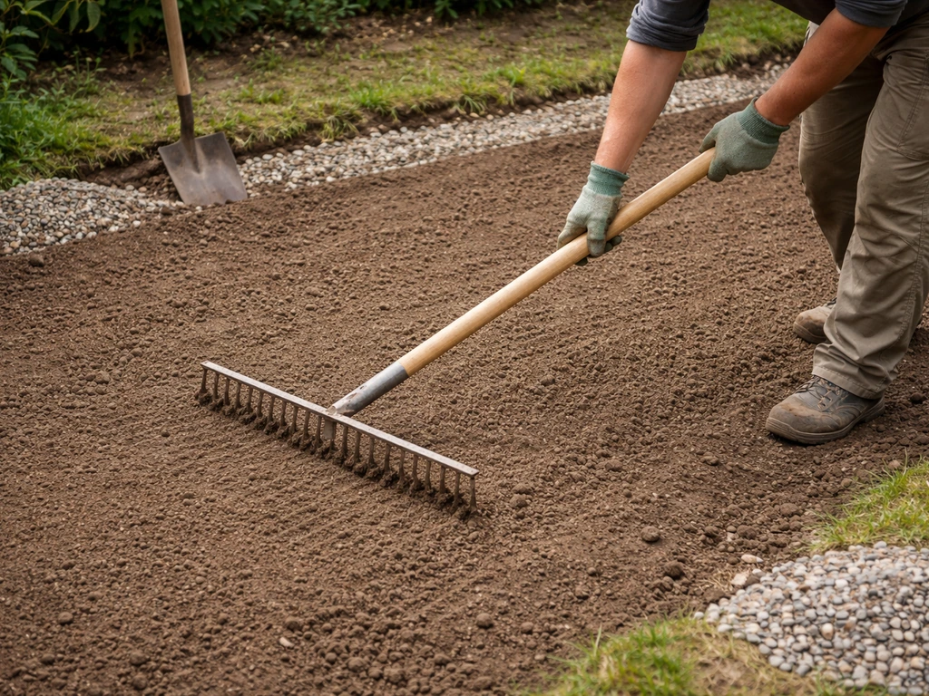 Jardinier anonyme préparant une surface de terre humide avec râteau, près d’un simple drain, outils visibles