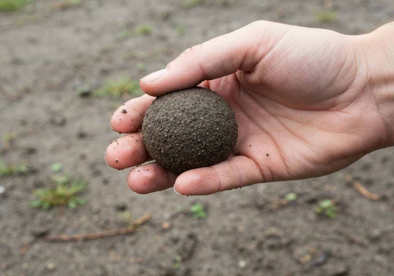 Gros plan d’une poignée de terre humide à 10 cm, qui forme une boule et colle légèrement entre les doigts.