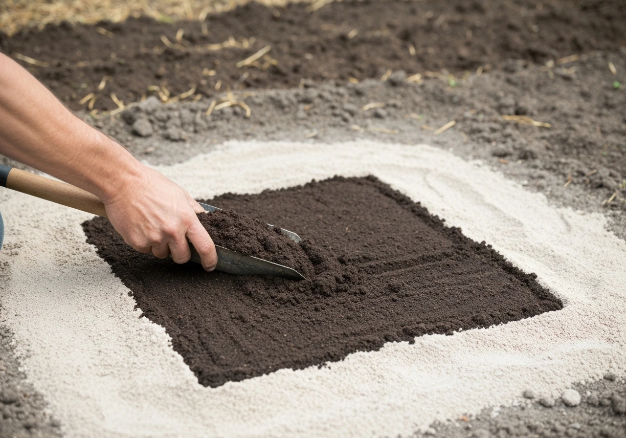 Gros plan d’un mélange compost mûr et sable clair dans un sol de jardin, main gantée et texture visible.