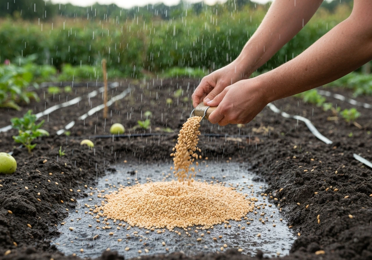 Arrosoir en pluie fine sur une rangée de semis, sol humide absorbant l’eau sans ruisseler.