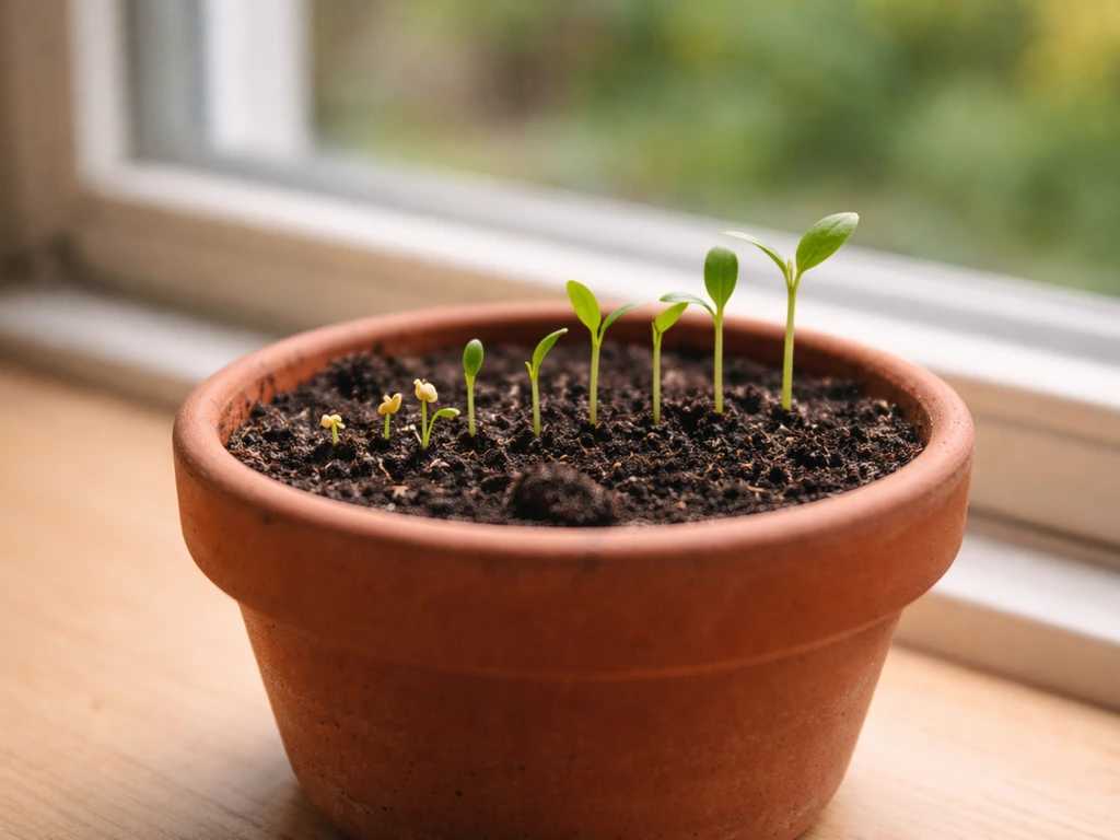 Gros plan sur des graines et de jeunes pousses dans un petit pot, avec un fond de jardin flou.