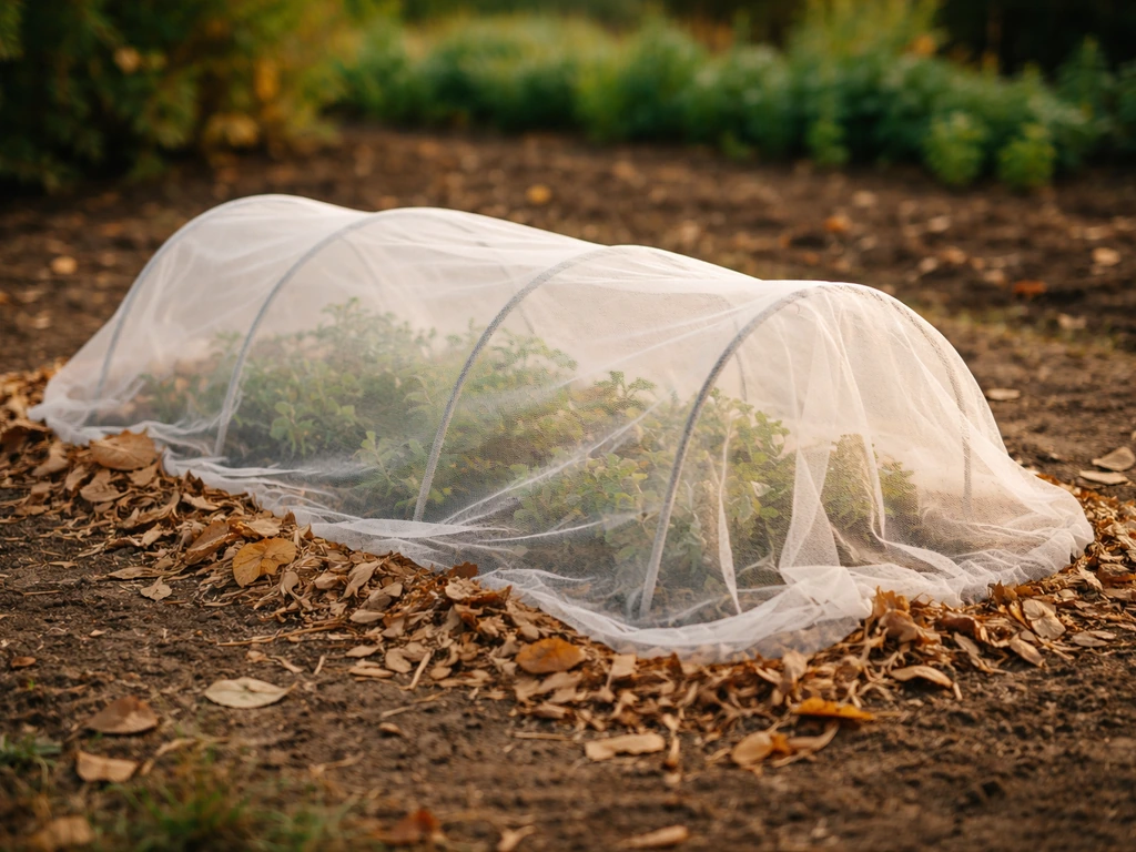Semis de jardin recouvert d’un voile de forçage léger, paillage autour, dans un potager à l’automne.