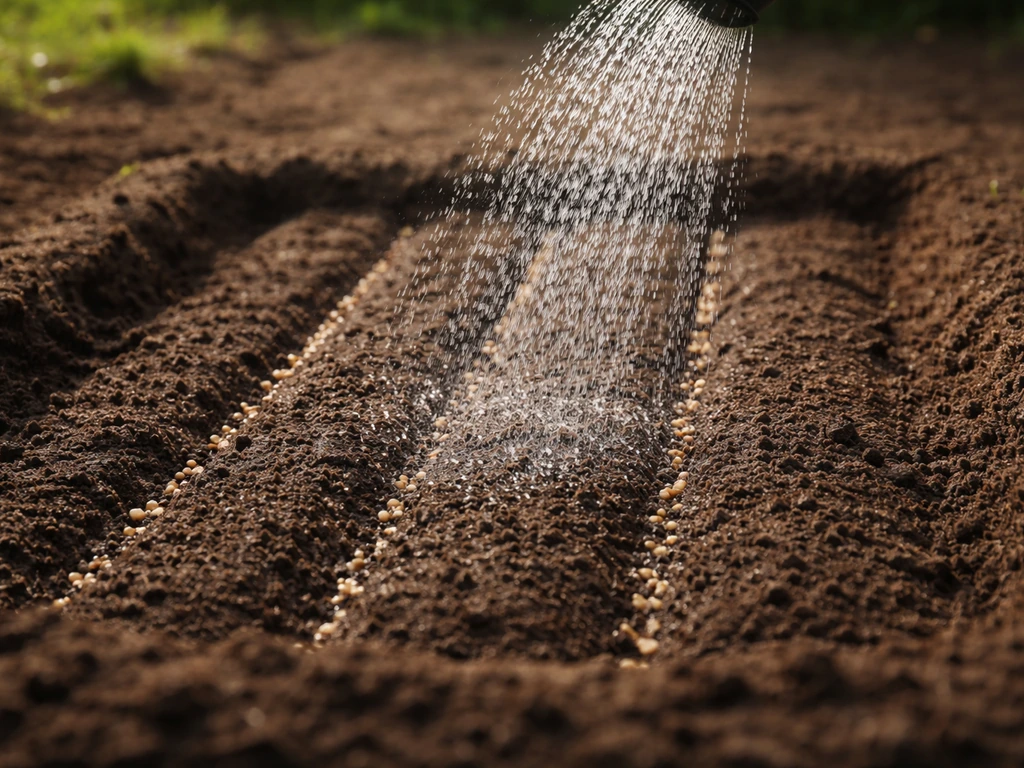 Semis au potager, terre humide sur 2-3 cm, arrosage en pluie fine avec arrosoir.