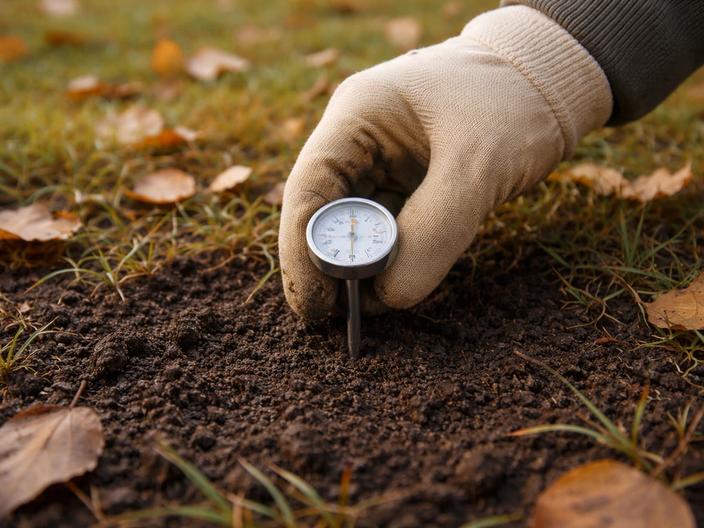 Main tenant un petit thermomètre près du sol, montrant une pelouse d’automne et l’idée du moment des semis.