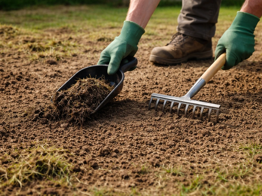 Jardinier anonyme retire le feutre après scarification et ratisse légèrement un sol de pelouse prêt à semer.