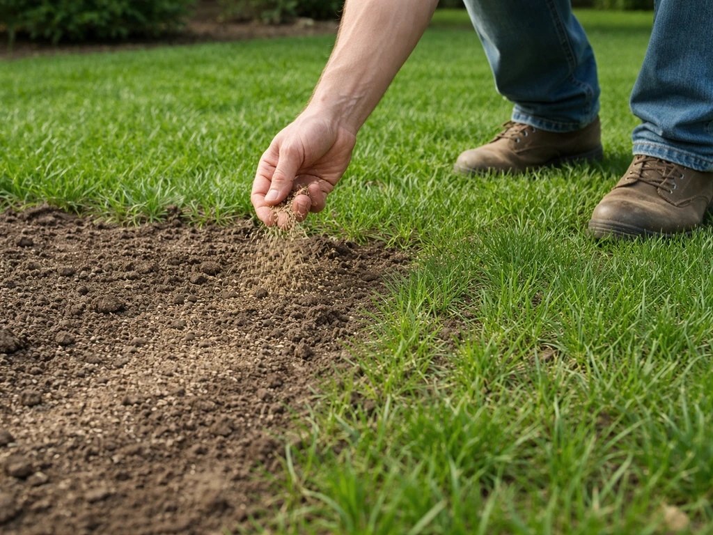 Pelouse fraîche: zones vides à côté de pousses irrégulières, ressemis localisé en jardin.