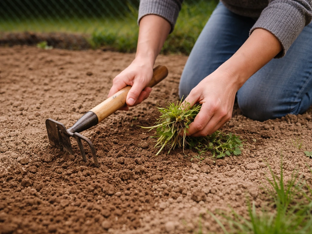Mains désherbant une parcelle de terre juste avant le semis, sol dégagé et prêt à planter.
