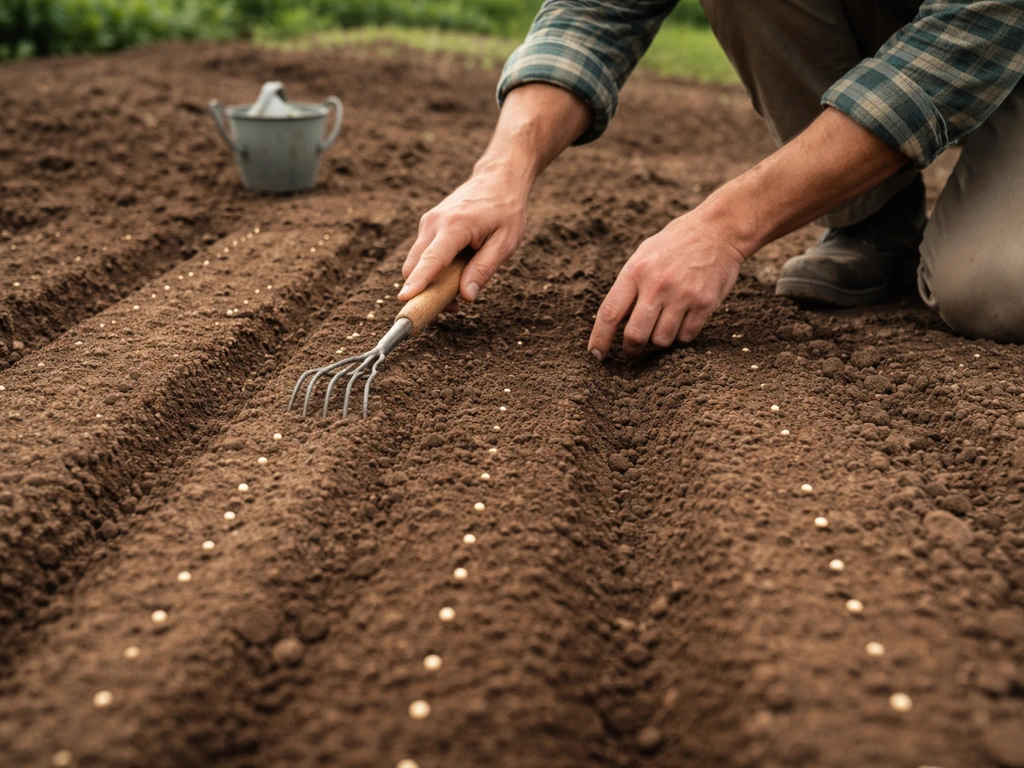 Mains d’un jardinier sur une rangée de terre : zones de graines non levées et surfaçage léger.