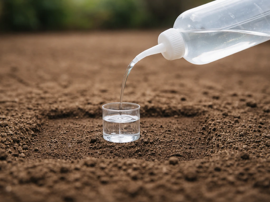 Arrosoir/bouteille graduée posée au sol avec une petite mesure d’eau, repère en millimètres