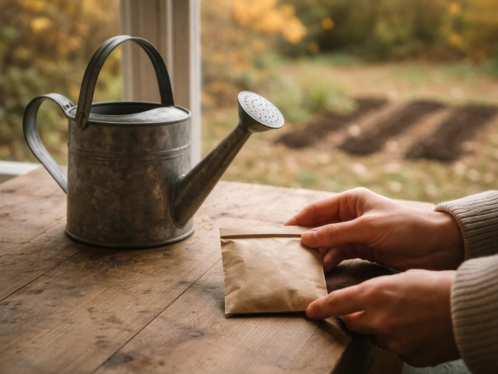 Arrosoir et sachets de graines sur une table, avec automne en arrière-plan et un léger brouillard de campagne.