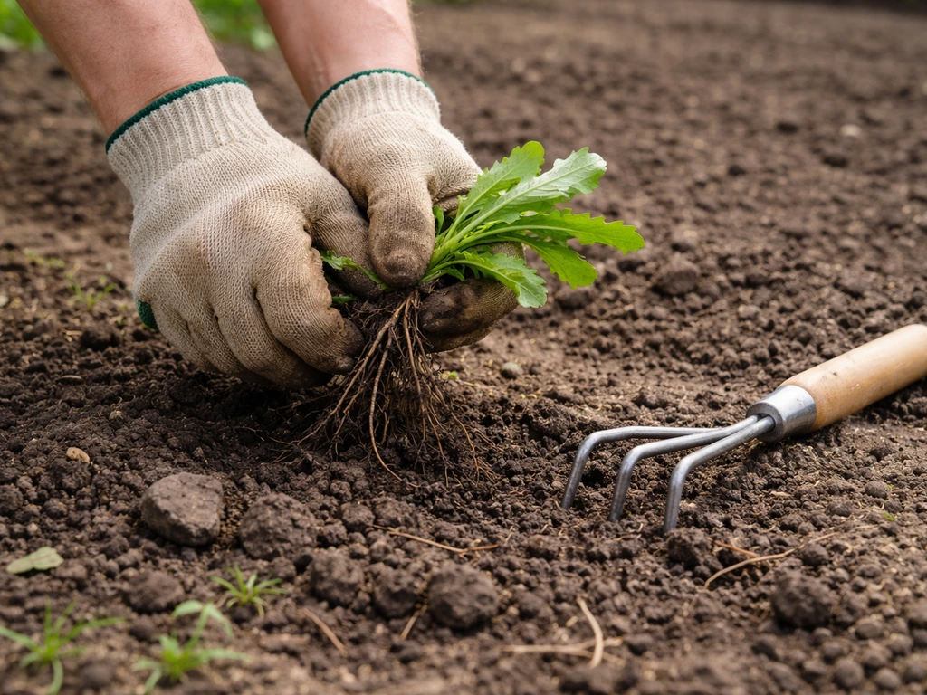 Plan rapproché d’un désherbage à la main : mauvaises herbes arrachées et racines retirées sur la terre avant semis.