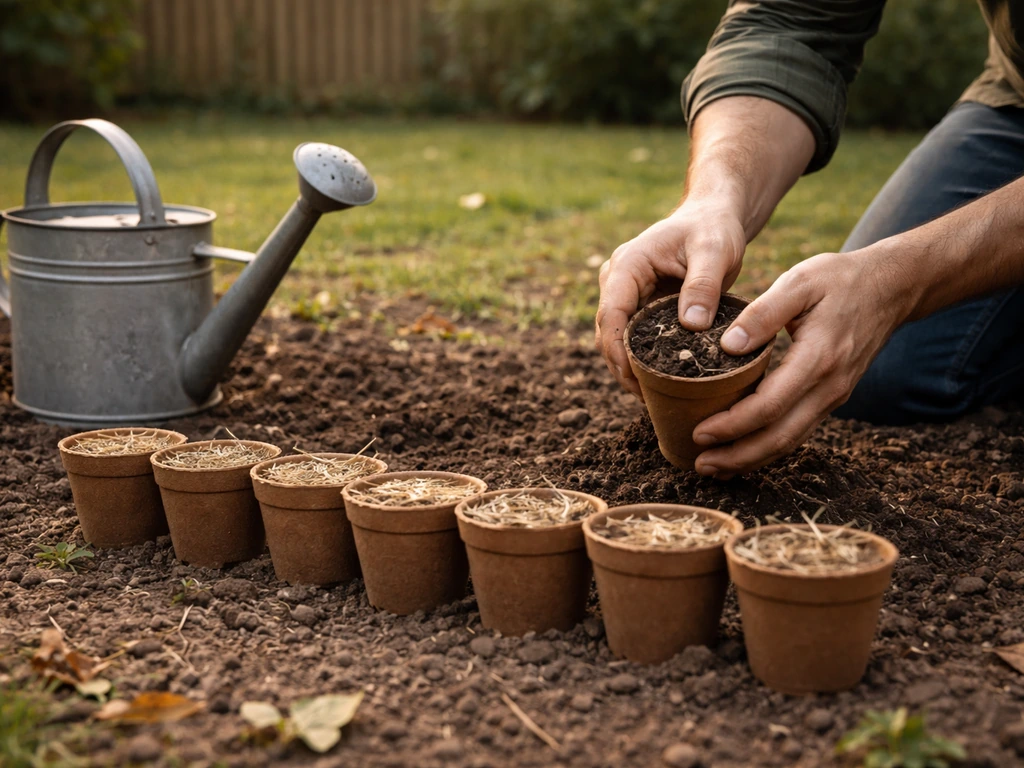 Mains en jardin préparant des pots de terreau, ambiance printemps-automne pour illustrer un faux semis.