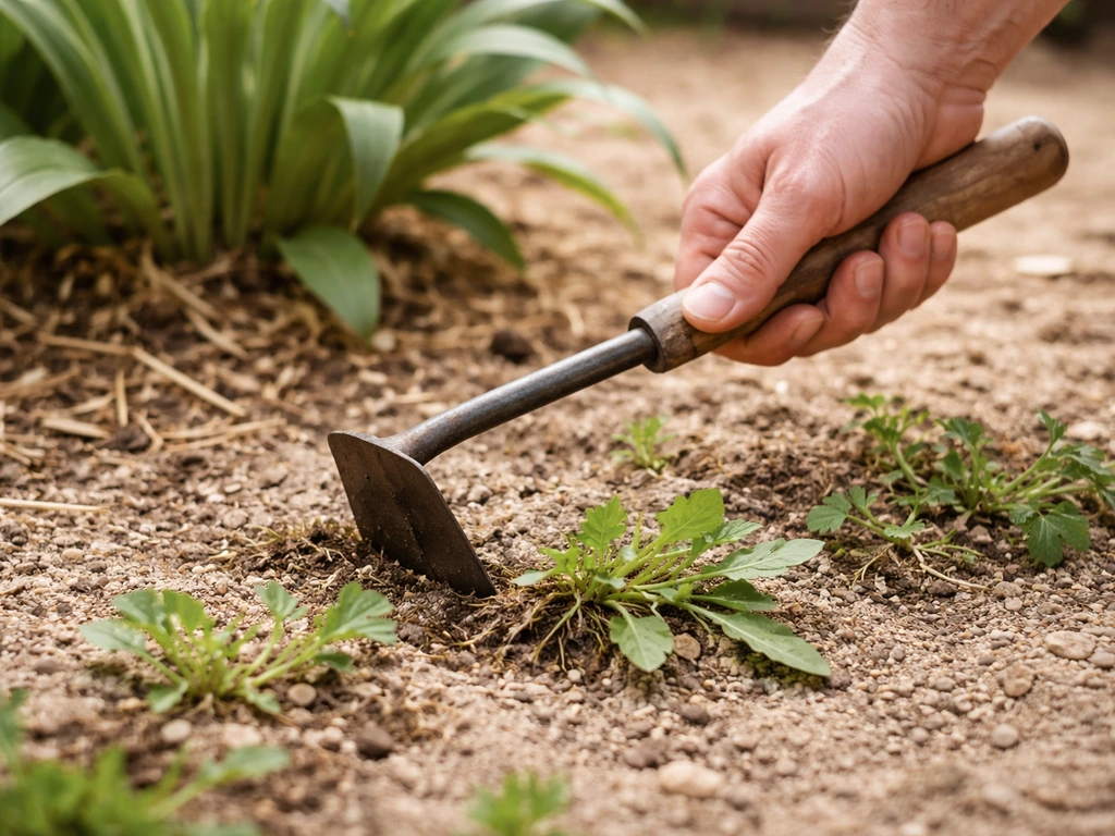 Main avec une binette désherbant des jeunes adventices autour de grandes plantes dans un jardin.