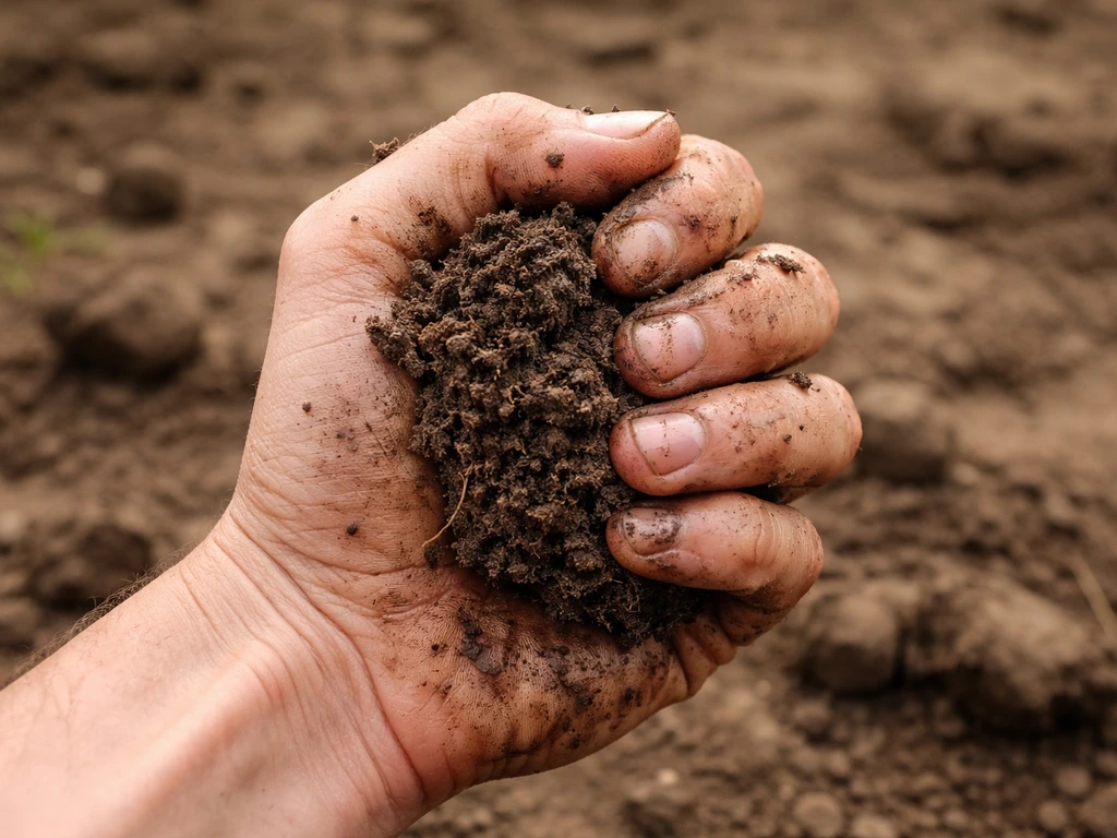 Une main serre une poignée de terre à 5 cm, formant une boule compacte et humide.