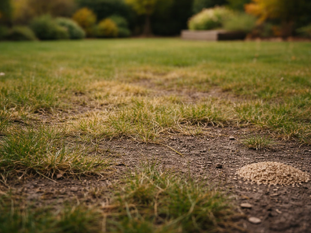 Gros plan d’une pelouse avec zones clairsemées et jaunies, montrant le sol à préparer pour un sursemis