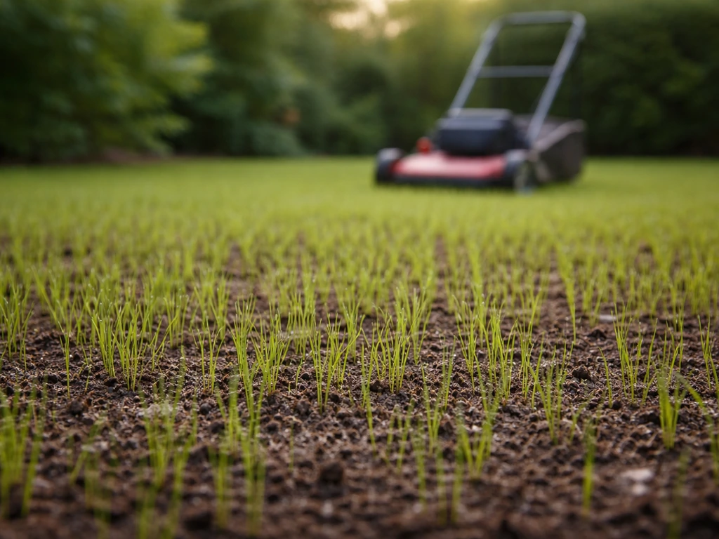 Jeunes pousses de pelouse après la levée, tondeuse à gazon en arrière-plan flou pour la première tonte.