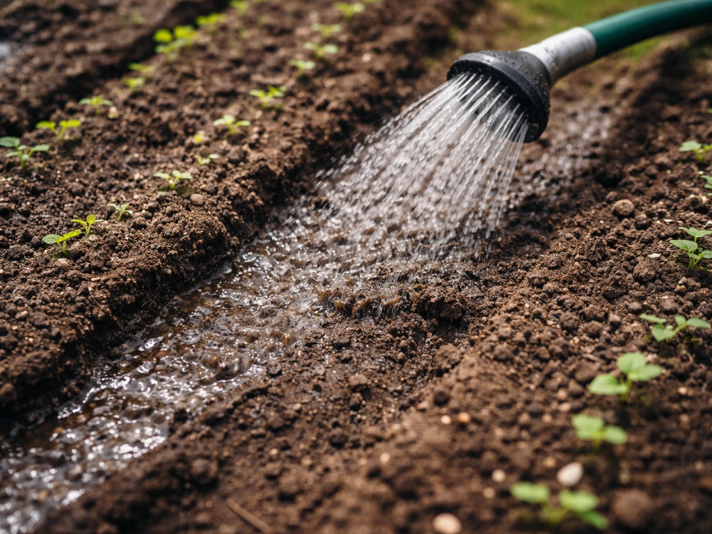 Sol de potager après arrosage : zones irrégulières, accumulations et traces d’emportement près de la pomme d’arrosage.