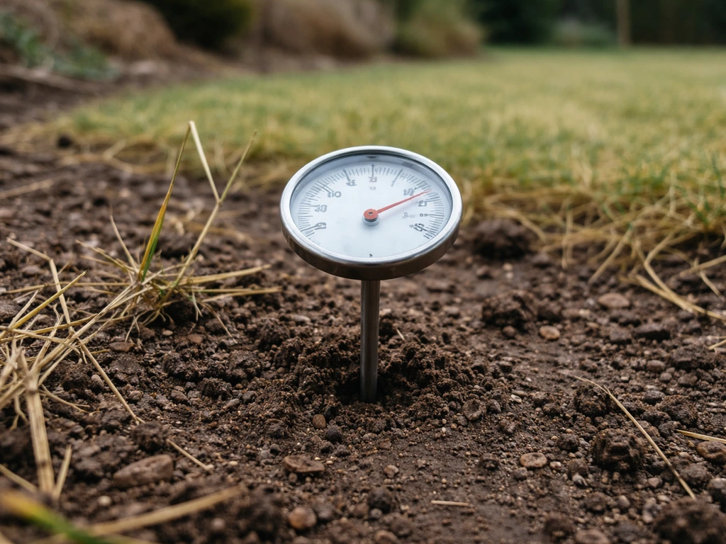 Thermomètre de sol affichant environ 10 °C, sol dégagé et météo d’hiver en arrière-plan, pour illustrer la fenêtre de se