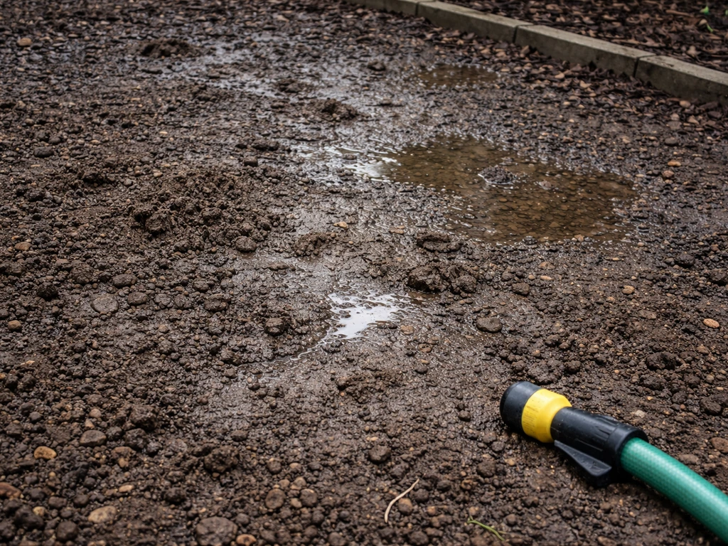 Sol de jardin après la pluie : croûte humide et petites zones où des flaques peuvent se former.