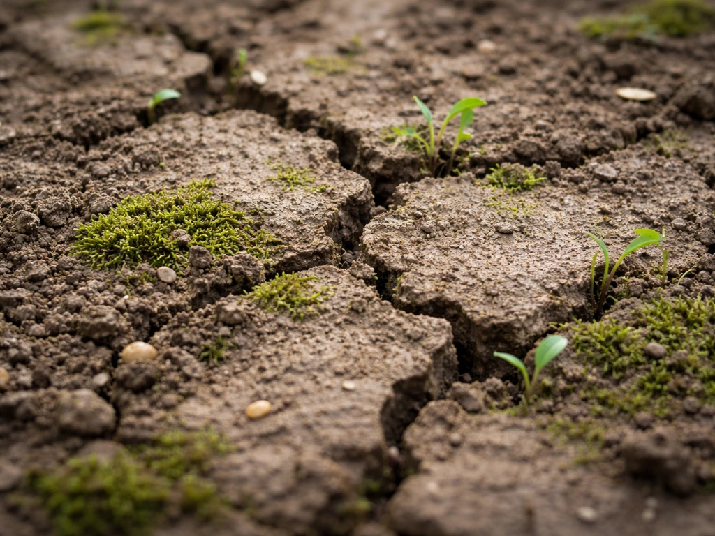 Gros plan d’un sol de jardin avec croûte et plaques, semis qui lèvent mal, légère mousse par endroits.