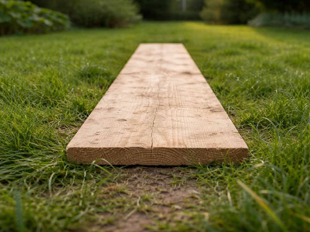 Une planche en bois posée sur le gazon, montrant une zone de passage temporaire pour répartir le poids.