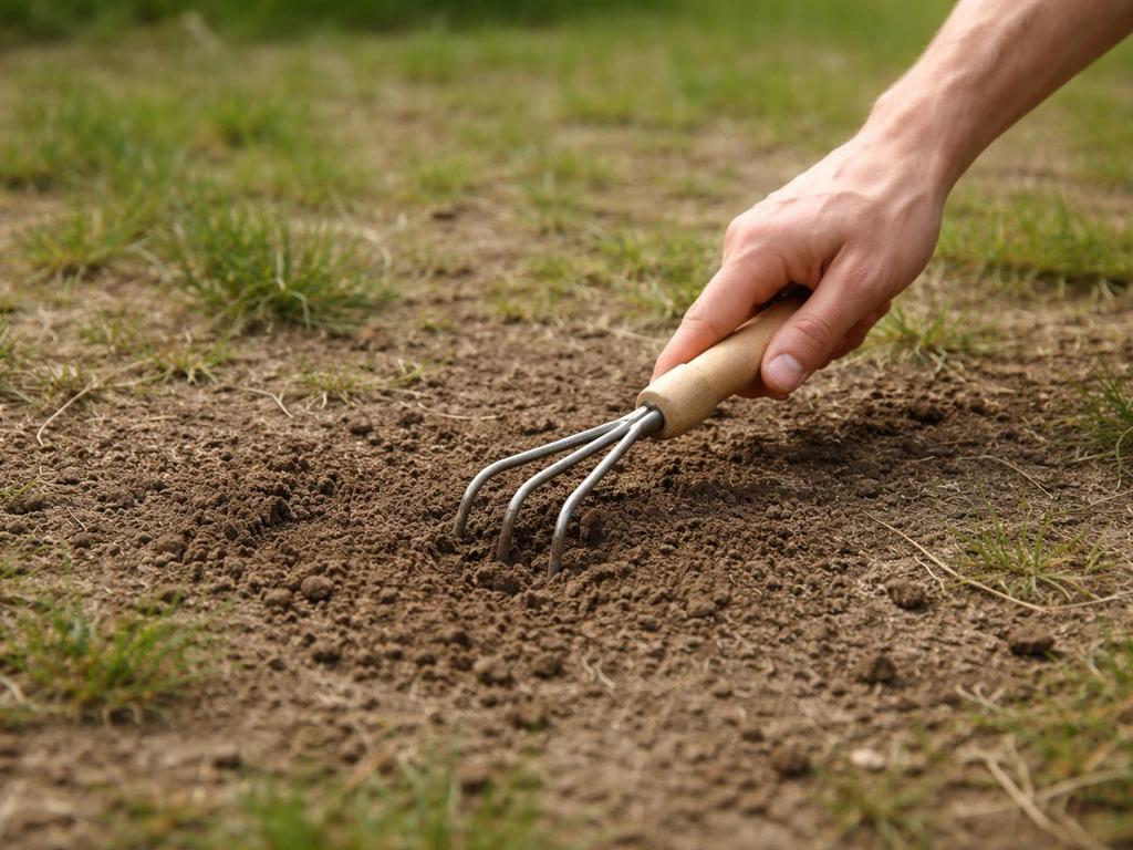 Main utilisant une griffe sur une zone de pelouse clairsemée, terre ameublie légèrement et semis en préparation.