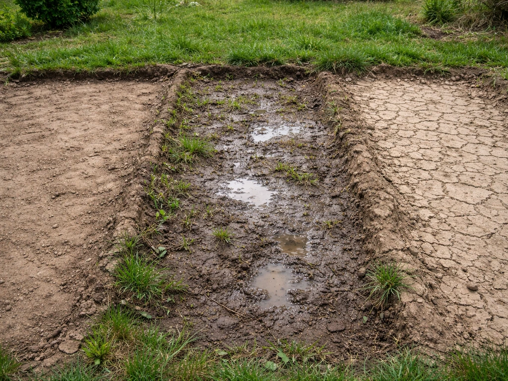 Trois sols différents côte à côte : compact/tassé, argile humide, terre sèche craquelée pour le gazon.