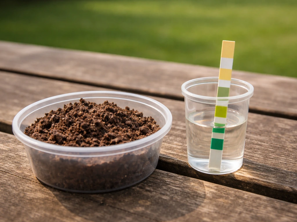 Bandelette de test de pH dans un kit à côté d’un peu de terre, pour vérifier le sol avant correction.