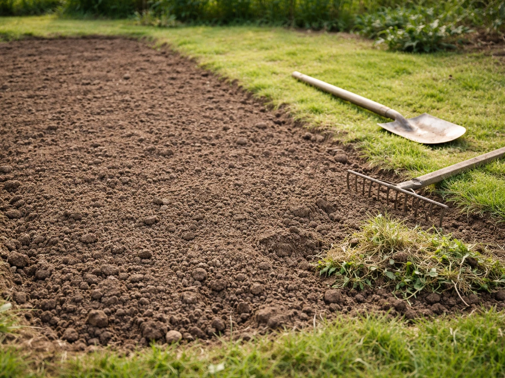 Lit de semences désherbé et ameubli, bêche et râteau au sol avant le semis, jardin au naturel.