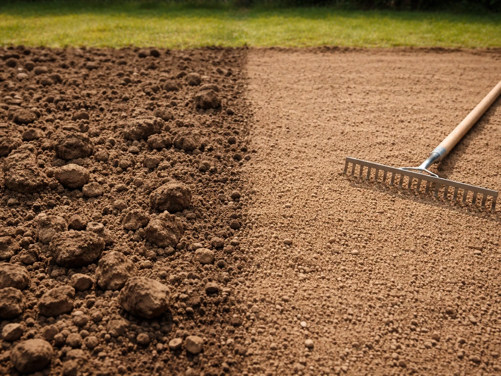 Avant/après d’un sol au jardin : gauche compacté et motteux, droite bêchée et affinée avec un râteau.