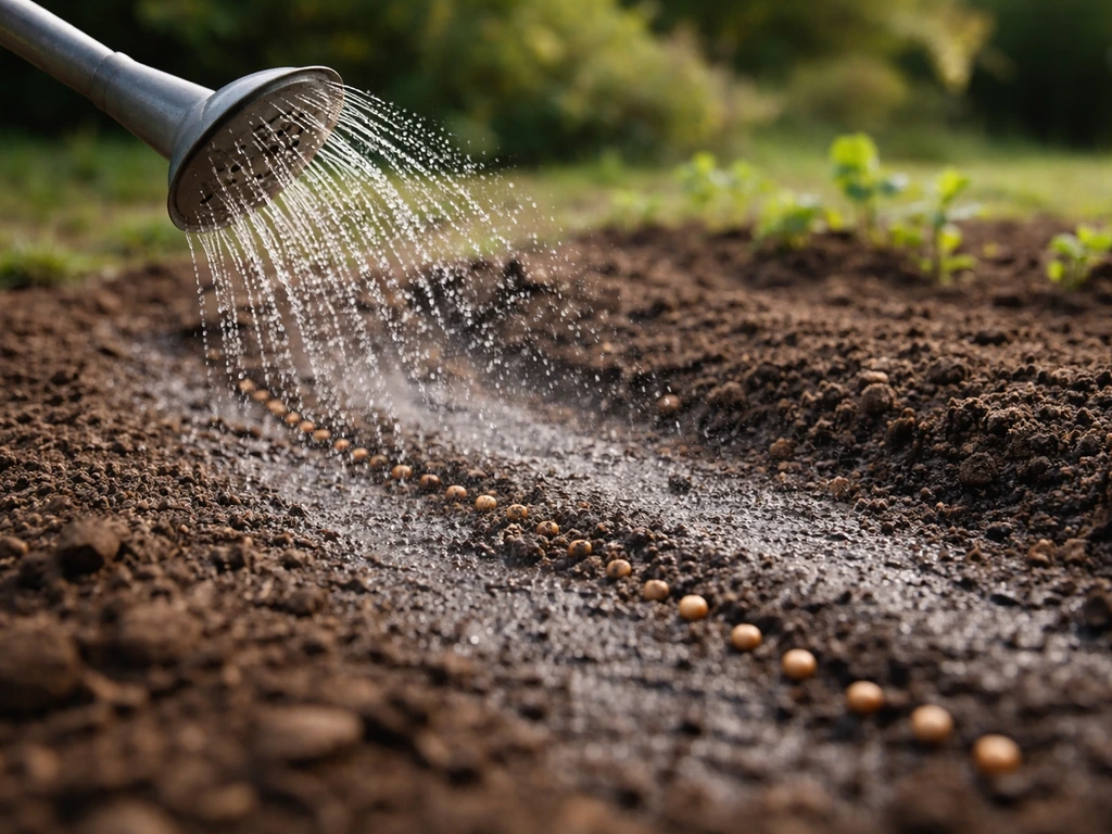 Pluie fine d’un arrosage sur une rangée de graines, sol humide mais non détrempé, jardin potager minimal.