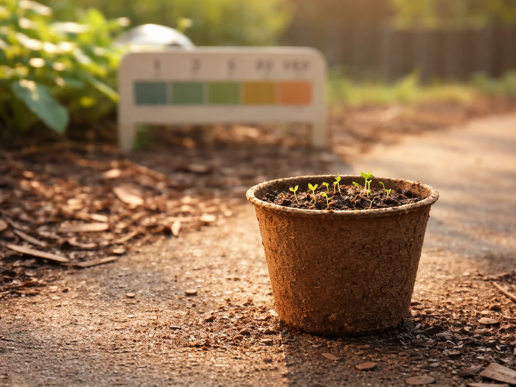 Pot de semis sur terre encore chaude, avec une jauge de dates de la mi-septembre en arrière-plan, au jardin.