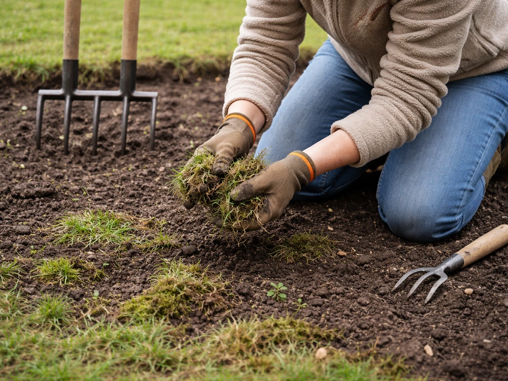 Personne au jardin, à genoux, en train de retirer des mauvaises herbes et de la mousse du sol.