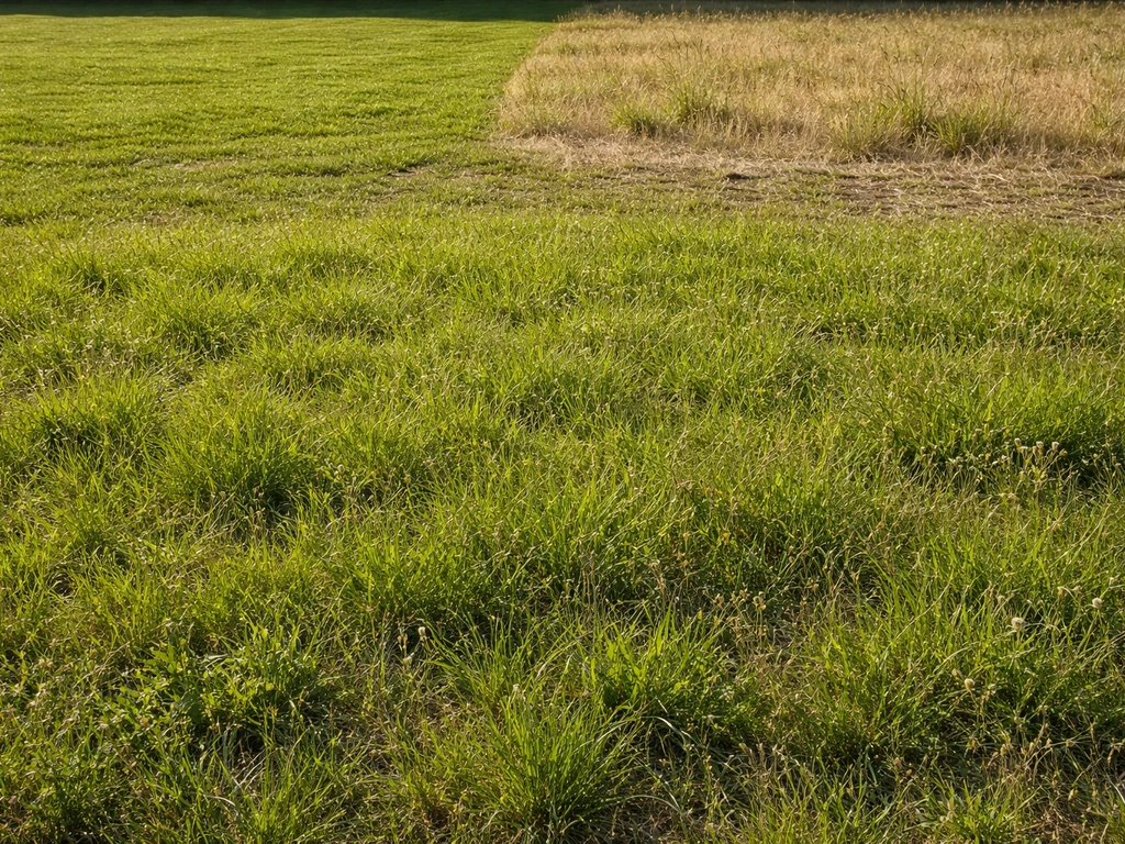 Pelouse « prairie » entre gazon ras et friche, avec trois zones de végétation distinctes au sol.