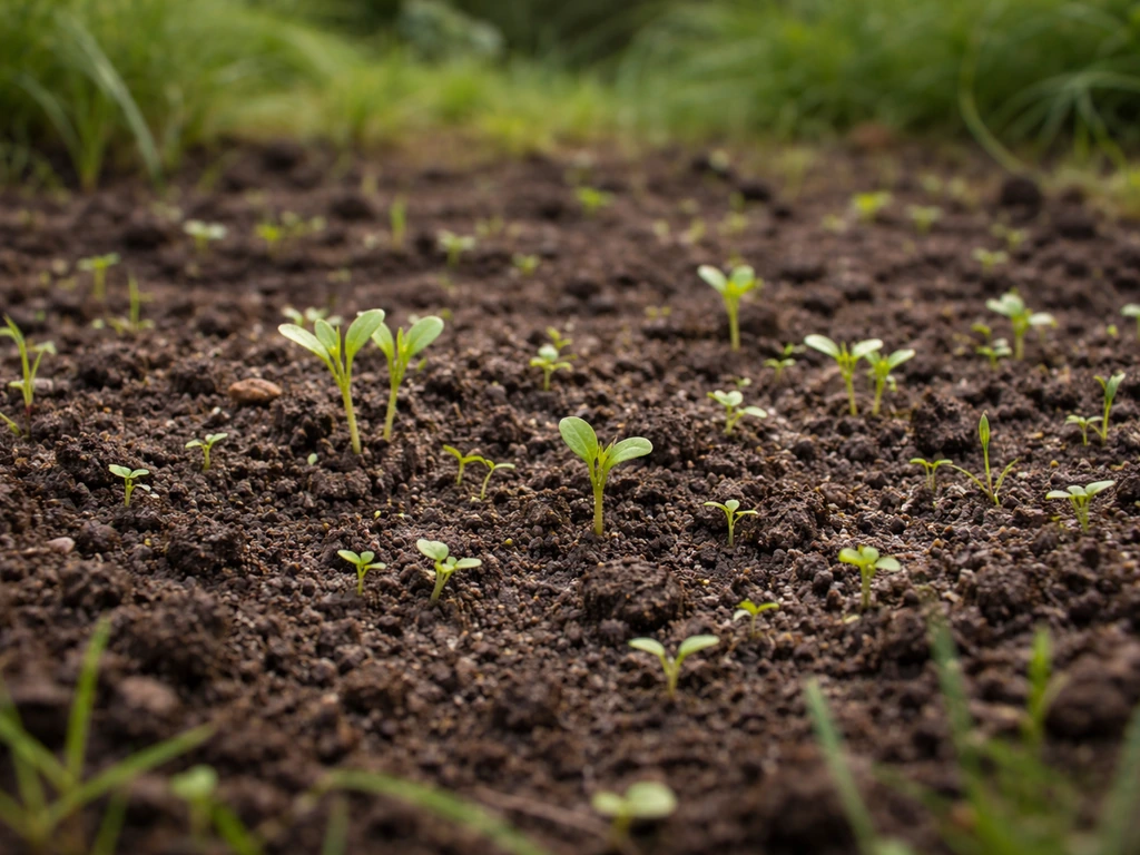 Germination de graines d’adventices dans la terre humide après un arrosage léger, avant le semis.