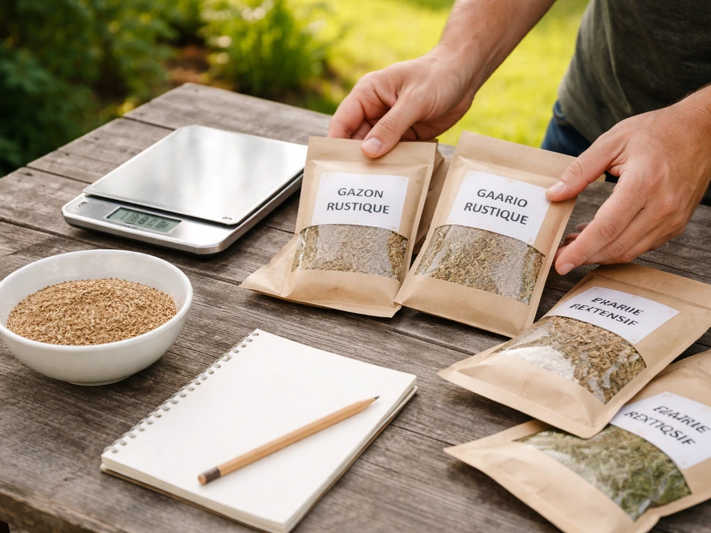 Table de jardinage avec sachets de semences et étiquette, un petit bol de graines pour calculer le g/m².