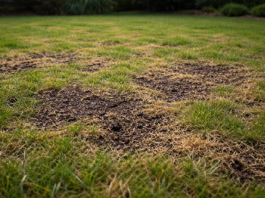 Pelouse scarifiée : chaume visible et zones de terre entrouvertes prêtes à semer.