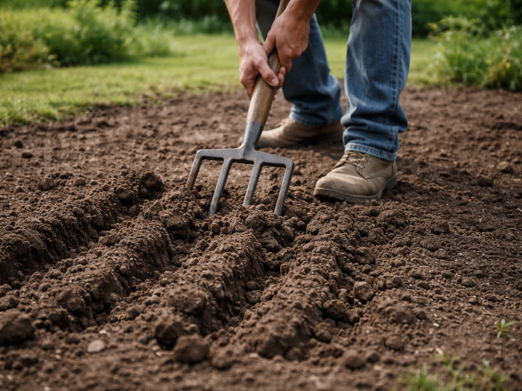 Mains utilisant un aérateur à fourches sur une terre compacte, sillons aérés visibles, jardin au naturel.