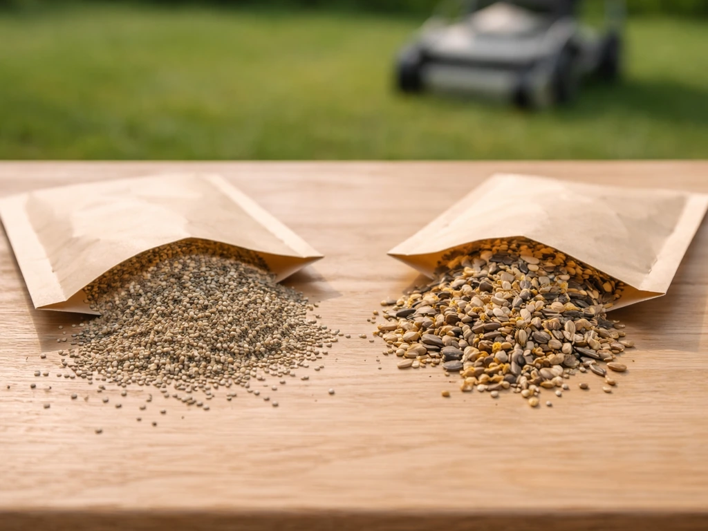 Deux sachets de graines sur une table, graines fines pour gazon fleuri vs graines plus hétérogènes, tonte en arrière-pla