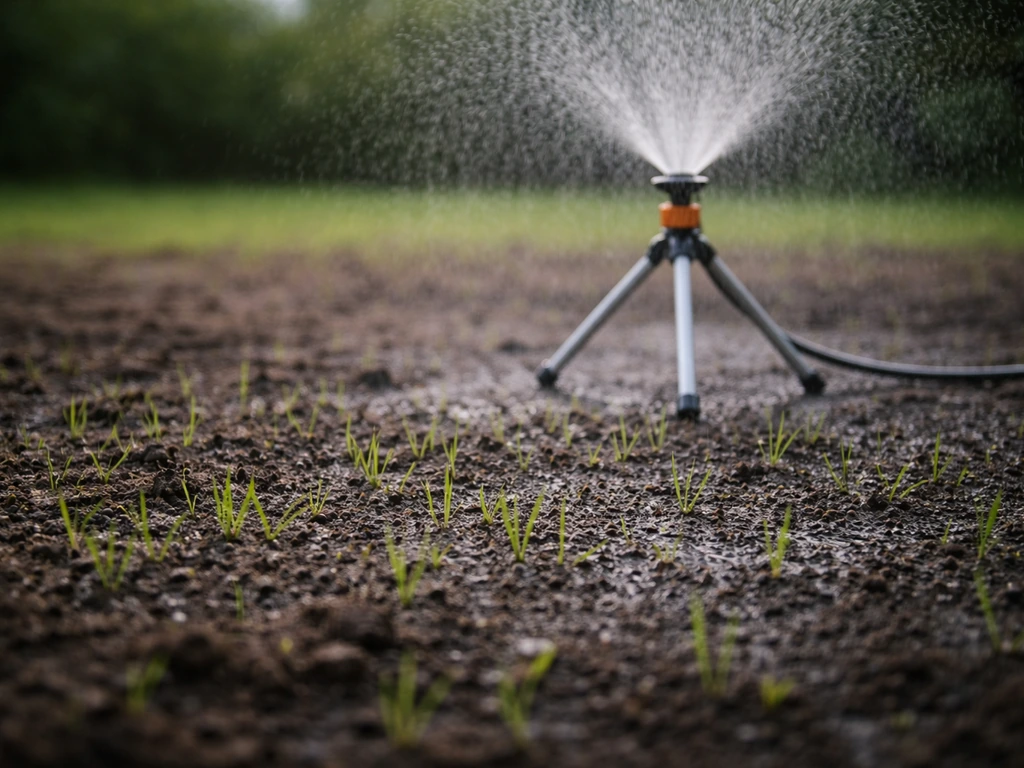 Jeunes pousses de pelouse après germination, arrosées en pluie fine par un arroseur sur sol sombre.
