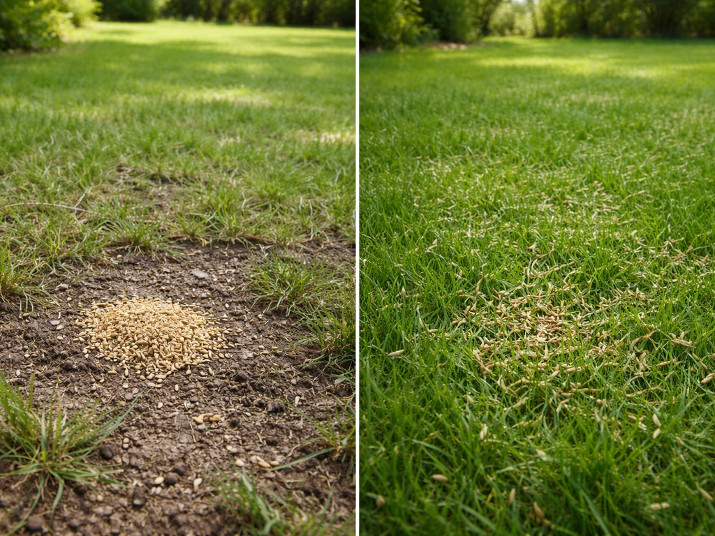 Pelouse claire et pelouse dense : comparaison visuelle de griffage+semis et semis léger.
