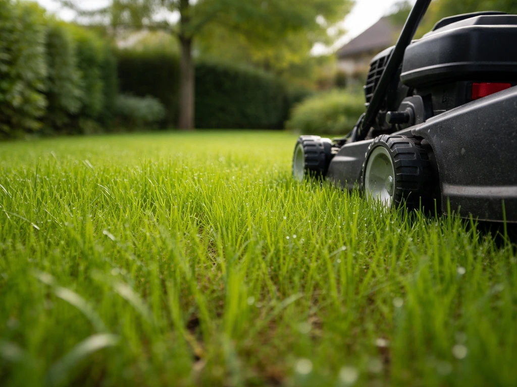 Nouvelle pousse de gazon de 8–10 cm et tondeuse réglée en position haute, passage léger dans un jardin.