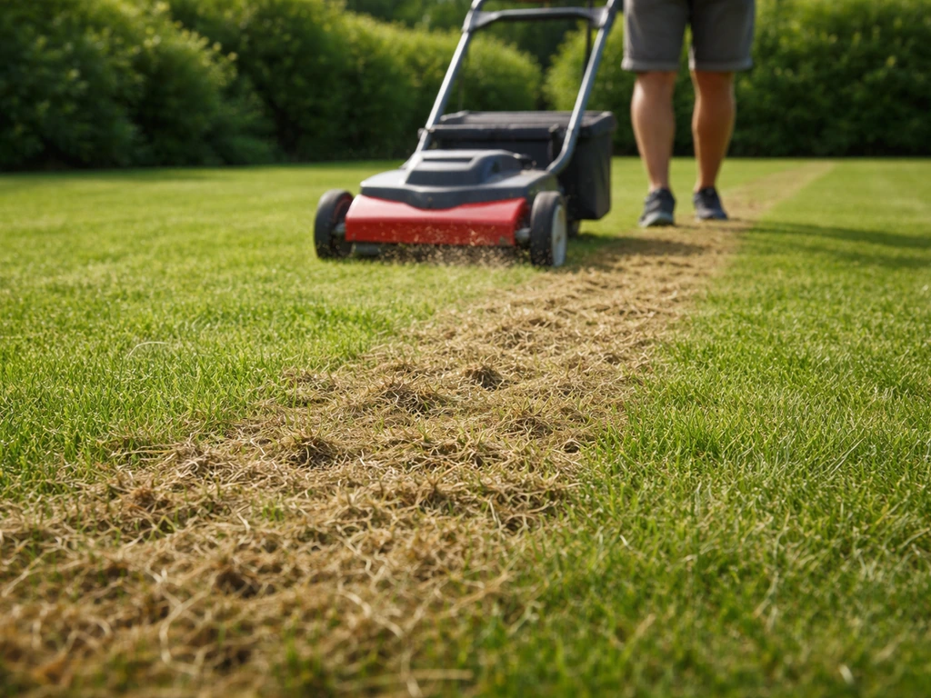 Pelouse tondue court scarifiée : on voit les passages du scarificateur et la surface ouverte près du sol.